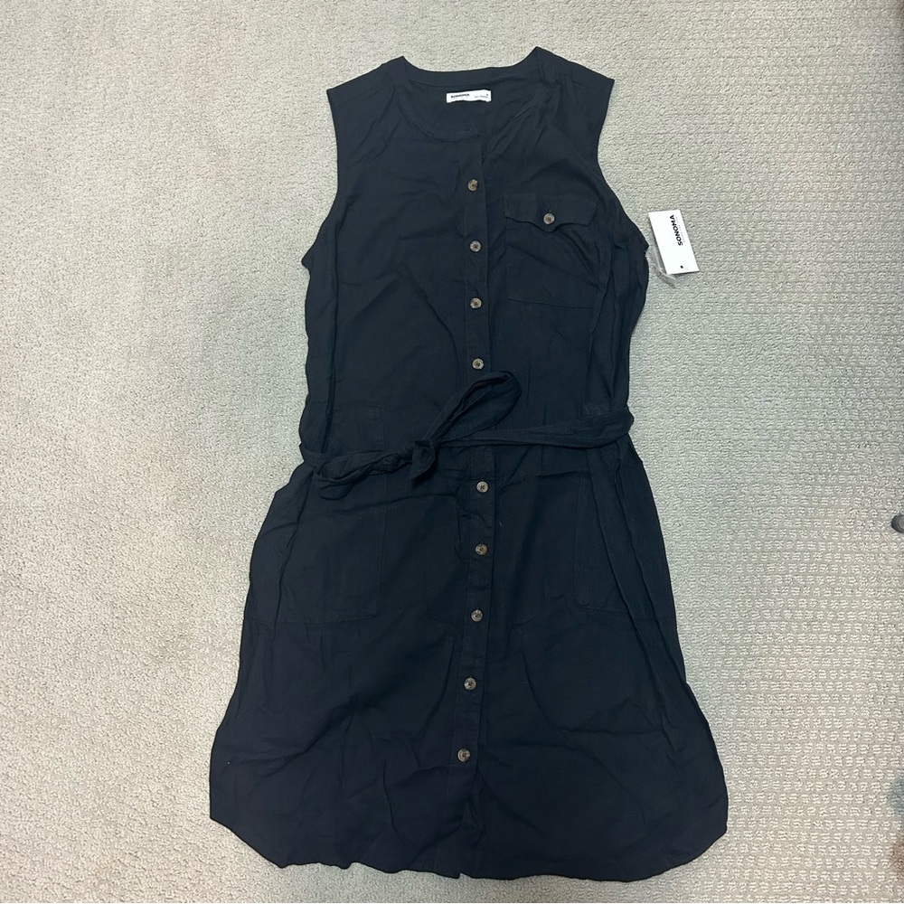 Sonoma Black Sleeveless Button-Front Shirt Dress with Waist Tie
